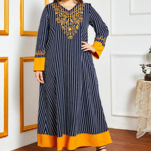 Load image into Gallery viewer, Muslim Dress Striped Heavy Industry Embroidery Oversized Women&#39;s Temperament Contrast Stitching  Long Skirt Moroccan Clothes