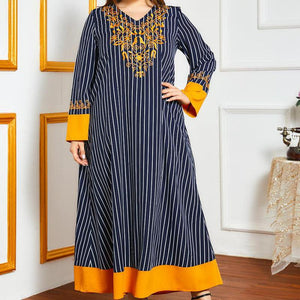 Muslim Dress Striped Heavy Industry Embroidery Oversized Women's Temperament Contrast Stitching  Long Skirt Moroccan Clothes