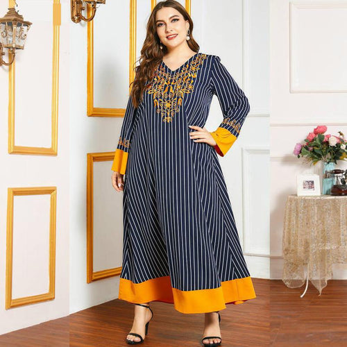 Muslim Dress Striped Heavy Industry Embroidery Oversized Women's Temperament Contrast Stitching  Long Skirt Moroccan Clothes