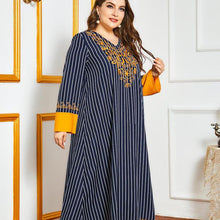 Load image into Gallery viewer, Muslim Dress Striped Heavy Industry Embroidery Oversized Women&#39;s Temperament Contrast Stitching  Long Skirt Moroccan Clothes