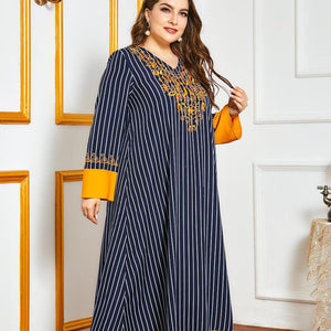 Muslim Dress Striped Heavy Industry Embroidery Oversized Women's Temperament Contrast Stitching  Long Skirt Moroccan Clothes