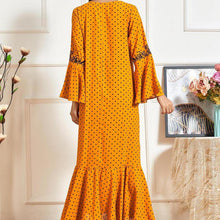 Load image into Gallery viewer, Muslim Dresses Large Size Women&#39;s Trumpet Long-sleeved Embroidery Pleated Polka Dot Printing Casual Autumn Lotus Leaf Long Skirt