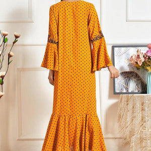 Muslim Dresses Large Size Women's Trumpet Long-sleeved Embroidery Pleated Polka Dot Printing Casual Autumn Lotus Leaf Long Skirt