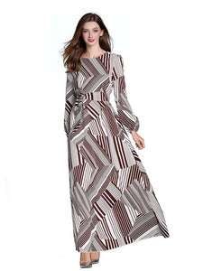 Muslim Ethnic Style New Long-sleeved Chiffon Geometric Splicing Receiving Waist Long Skirt Large Size Slim Ladies Dress