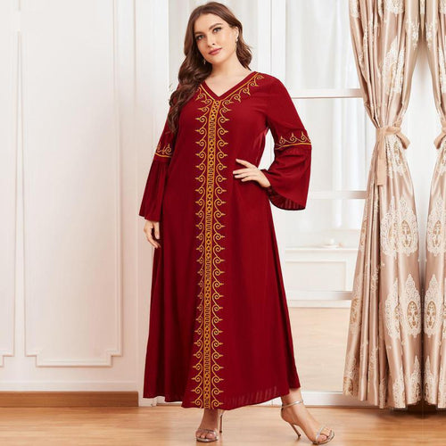 Muslim Oversized Women's Gold Thread Embroidery Long-sleeved Folds Retro Ethnic Red Temperament Long Skirt Djellaba 2021