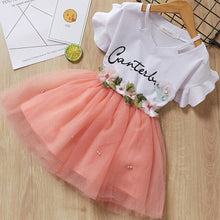Load image into Gallery viewer, Mysweeby 2021 custom wholesale korean style short sleeve letter top flower Puffy skirts kids girls 2 piece summer sets