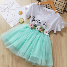 Load image into Gallery viewer, Mysweeby 2021 custom wholesale korean style short sleeve letter top flower Puffy skirts kids girls 2 piece summer sets