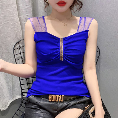 NEW 2021 Summer Sleeveless Mesh Tops Shirt Fashion Casual Leopard hot diamond Women's T-Shirt