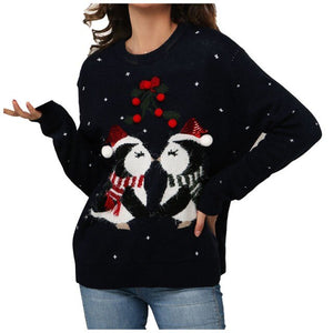 NEW Cute Penguin Pattern Sweaters For Women Fashion  Christmas Sweater Fringed Ball Furry Sweater Sueters De Mujer Moda
