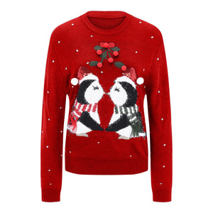 NEW Cute Penguin Pattern Sweaters For Women Fashion  Christmas Sweater Fringed Ball Furry Sweater Sueters De Mujer Moda