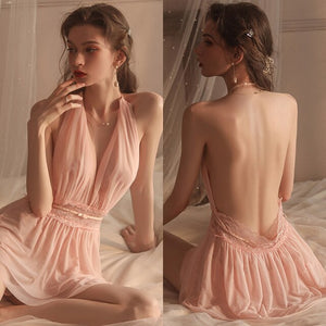 Neck Hanging Night Dress Women Sexy Lace Sleepwear Silk Backless Nightgown Lingerie Mesh Hollow Sling Sleep Tops Summer 2022