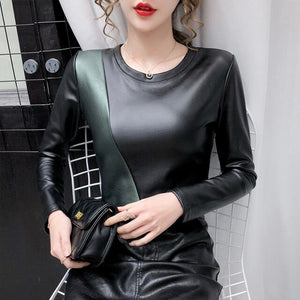 New 2020 Autumn Winter Womtn Tops Fashion Casual Long Sleeve PU Leather Thick Velvet T-Shirt Plus Size Women's Tops