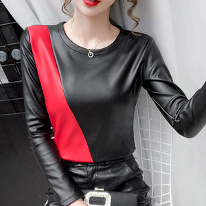 New 2020 Autumn Winter Womtn Tops Fashion Casual Long Sleeve PU Leather Thick Velvet T-Shirt Plus Size Women's Tops