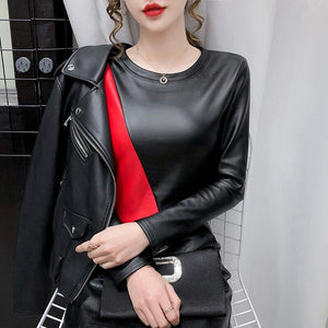 New 2020 Autumn Winter Womtn Tops Fashion Casual Long Sleeve PU Leather Thick Velvet T-Shirt Plus Size Women's Tops