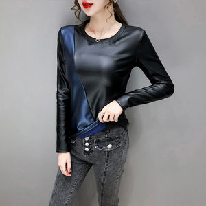 New 2020 Autumn Winter Womtn Tops Fashion Casual Long Sleeve PU Leather Thick Velvet T-Shirt Plus Size Women's Tops