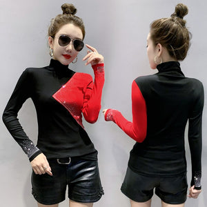 New 2020 Autumn Women T-Shirt Fashion Casual Long Sleeve Patchwork Women Tops Turtleneck Hot drilling Female Shirt
