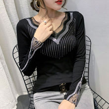 Load image into Gallery viewer, New 2020 Autumn Women Tops Fashion Casual Long Sleeve V-Neck T-shirt Elegant Slim Diamonds Black Plus Size Women&#39;s tshirts