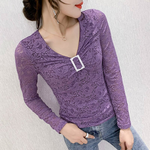 New 2020 Autumn long sleeve lace tops Fashion casual v-neck women blouse shirt Elegant slim Diamond women's tops