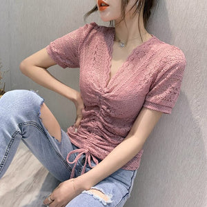 New 2020 Summer short sleeve t-shirt women's shirt Fashion sexy v-neck hollow out lace tops plus size female shirt blusas