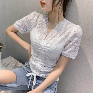 New 2020 Summer short sleeve t-shirt women's shirt Fashion sexy v-neck hollow out lace tops plus size female shirt blusas