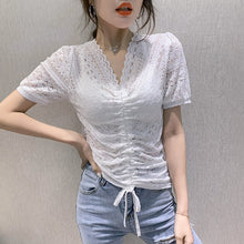 Load image into Gallery viewer, New 2020 Summer short sleeve t-shirt women&#39;s shirt Fashion sexy v-neck hollow out lace tops plus size female shirt blusas