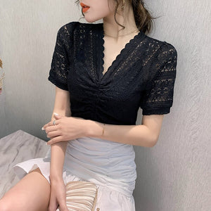 New 2020 Summer short sleeve t-shirt women's shirt Fashion sexy v-neck hollow out lace tops plus size female shirt blusas