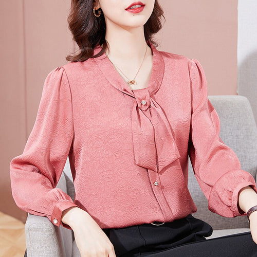 New 2021 Autumn Long Sleeve Women's Blouse Shirt Fashion Casual Bow Folds Chiffon Shirt Plus Size Loose Tops Clothing