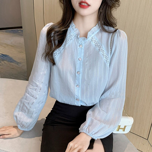 New 2021 Autumn Long Sleeved Women Blouse Shirt Fashion Casual Hollow Out Puff Sleeved Chiffon Shirt Elegant Slim Clothing