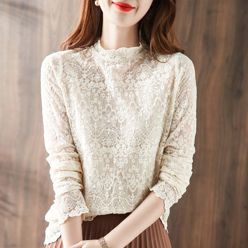 New 2021 Autumn Thin Stand Collar Lace Tops Fashion Casual Long Sleeve Hollow Out Women Blouse Shirt 3XL