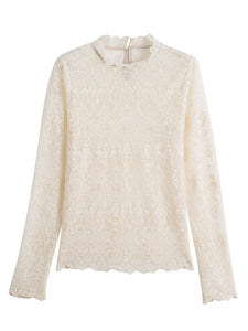 New 2021 Autumn Thin Stand Collar Lace Tops Fashion Casual Long Sleeve Hollow Out Women Blouse Shirt 3XL