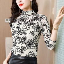 Load image into Gallery viewer, New 2021 Autumn Winter Long Sleeve Women&#39;s T-Shirt Fashion Casual Stand  Collar Flocking Mesh Tops Plus Size Women Clothing