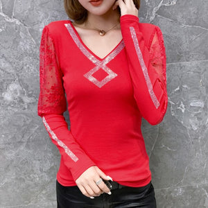 New 2021 Autumn Winter Long Sleeve Women's T-Shirt Fashion V-Neck Diamond Lace Tops Plus Size M-3XL Mesh Shirt Clothing