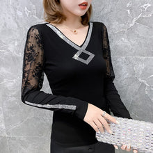 Load image into Gallery viewer, New 2021 Autumn Winter Long Sleeve Women&#39;s T-Shirt Fashion V-Neck Diamond Lace Tops Plus Size M-3XL Mesh Shirt Clothing