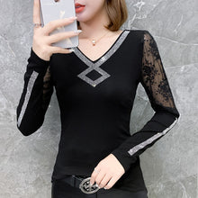 Load image into Gallery viewer, New 2021 Autumn Winter Long Sleeve Women&#39;s T-Shirt Fashion V-Neck Diamond Lace Tops Plus Size M-3XL Mesh Shirt Clothing