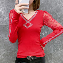 Load image into Gallery viewer, New 2021 Autumn Winter Long Sleeve Women&#39;s T-Shirt Fashion V-Neck Diamond Lace Tops Plus Size M-3XL Mesh Shirt Clothing