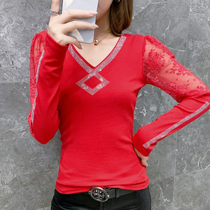 New 2021 Autumn Winter Long Sleeve Women's T-Shirt Fashion V-Neck Diamond Lace Tops Plus Size M-3XL Mesh Shirt Clothing