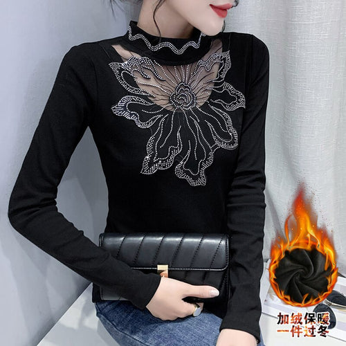 New 2021 Autumn Winter Velvet Warm Women T-Shirt Fashion Long Sleeved Bottoming Shirt Stitching Hot Drilling Black Tops