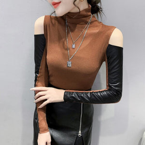 New 2021 Autumn Winter Women Tops Shirt Fashion Long Sleeve Off The Shouder Mesh Tops PU Leather Patchwork T-Shirt
