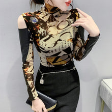 Load image into Gallery viewer, New 2021 Autumn Winter Women Tops Shirt Fashion Long Sleeve Off The Shouder Mesh Tops PU Leather Patchwork T-Shirt