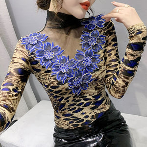 New 2021 Autumn Winter Women's T-Shirt Fashion Sexy Hollow Out Long Sleeve Lace Tops M-3XL Plus Size Blusas Patchwork tshirt