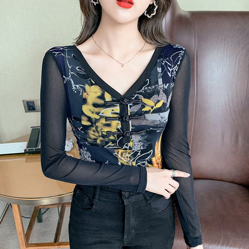 New 2021 Autumn Winter Women's  Tops Fashion Print Long Sleeve Mesh T-Shirt Sexy V-Neck Black Women Clothing