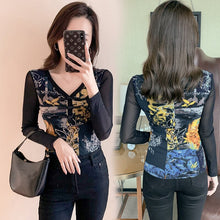 Load image into Gallery viewer, New 2021 Autumn Winter Women&#39;s  Tops Fashion Print Long Sleeve Mesh T-Shirt Sexy V-Neck Black Women Clothing