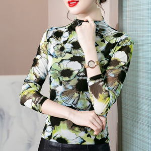 New 2021 Autumn Winter Women's Tops Fashion Printed Long Sleeve Turtleneck Mesh T-Shirt M-4XL Plus Size Female Shirt