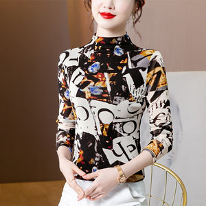 New 2021 Autumn Winter Women's Tops Fashion Printed Long Sleeve Turtleneck Mesh T-Shirt M-4XL Plus Size Female Shirt