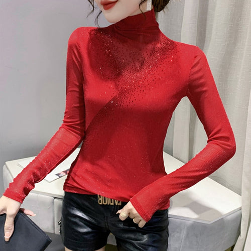 New 2021 Autumn Women Clothing Fashion Long Sleeve Turtleneck Hot Drilling Mesh Tops M-3XL Plus Size Women's T-Shirt