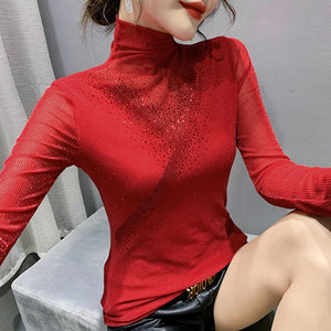 New 2021 Autumn Women Clothing Fashion Long Sleeve Turtleneck Hot Drilling Mesh Tops M-3XL Plus Size Women's T-Shirt