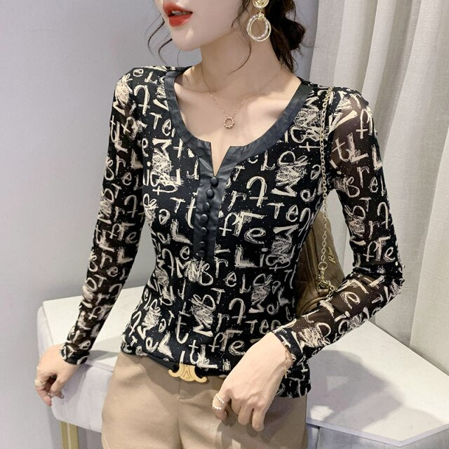 New 2021 Autumn Women Clothing Fashion Print Long Sleeve PU Printed Mesh Tops Shirt M-3XL Plus Size Women Clothing