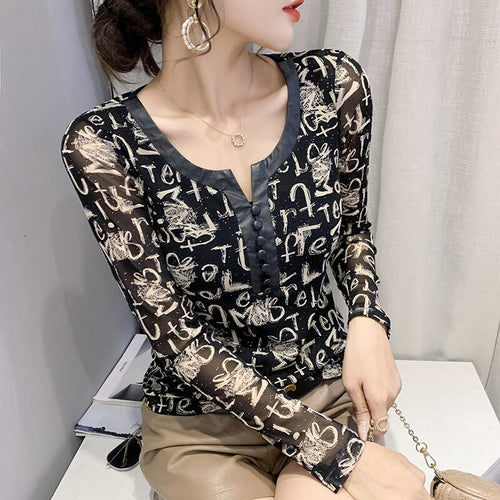 New 2021 Autumn Women Clothing Fashion Print Long Sleeve PU Printed Mesh Tops Shirt M-3XL Plus Size Women Clothing