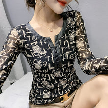 Load image into Gallery viewer, New 2021 Autumn Women Clothing Fashion Print Long Sleeve PU Printed Mesh Tops Shirt M-3XL Plus Size Women Clothing