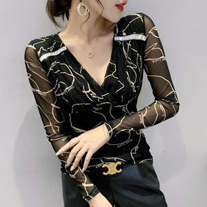 New 2021 Autumn Women Clothing Fashion Sexy V-Neck Print Mesh Tops Elegant Slim Women's T-Shirt